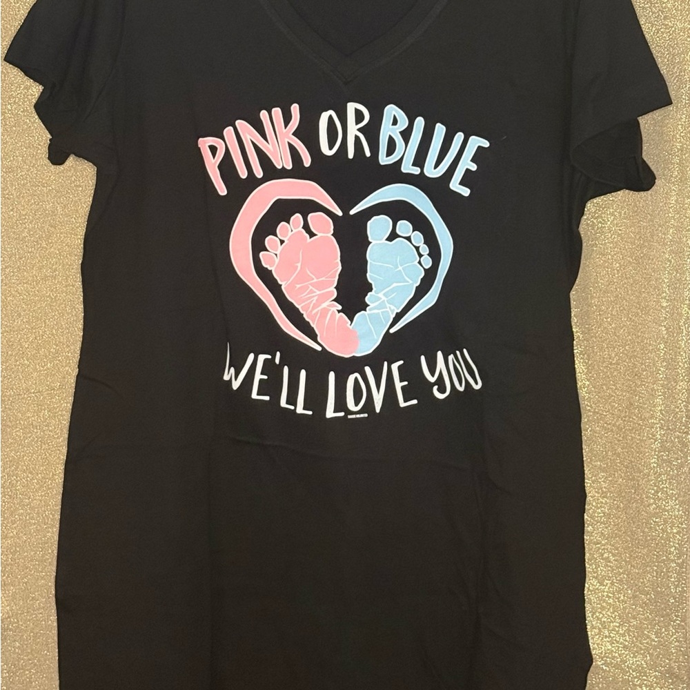 Black Maternity Dress length Tee with Pink and Blue Design